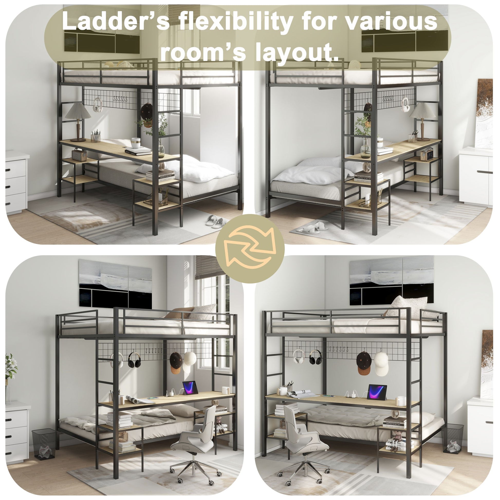 Ethan bunk bed with desk and storage by HouseOfZazla, black metal frame, light wood desk on Tampa Home & Garden Store