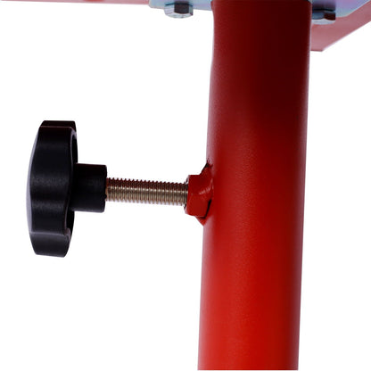 Adjustable Tear Down Work Table with Drawer red steel post and black knob on Tampa Home & Garden Store