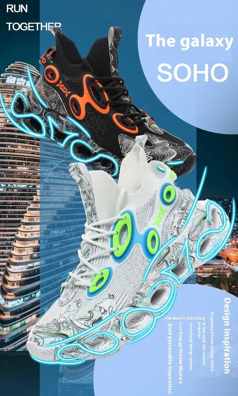 Galaxy Blade sneaker by FLIPSTYLEZLLC in black/orange and white/green-blue, casual pair on Tampa Home & Garden Store