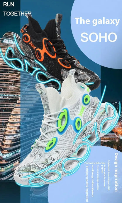 Galaxy Blade sneaker by FLIPSTYLEZLLC in black/orange and white/green-blue, casual pair on Tampa Home & Garden Store