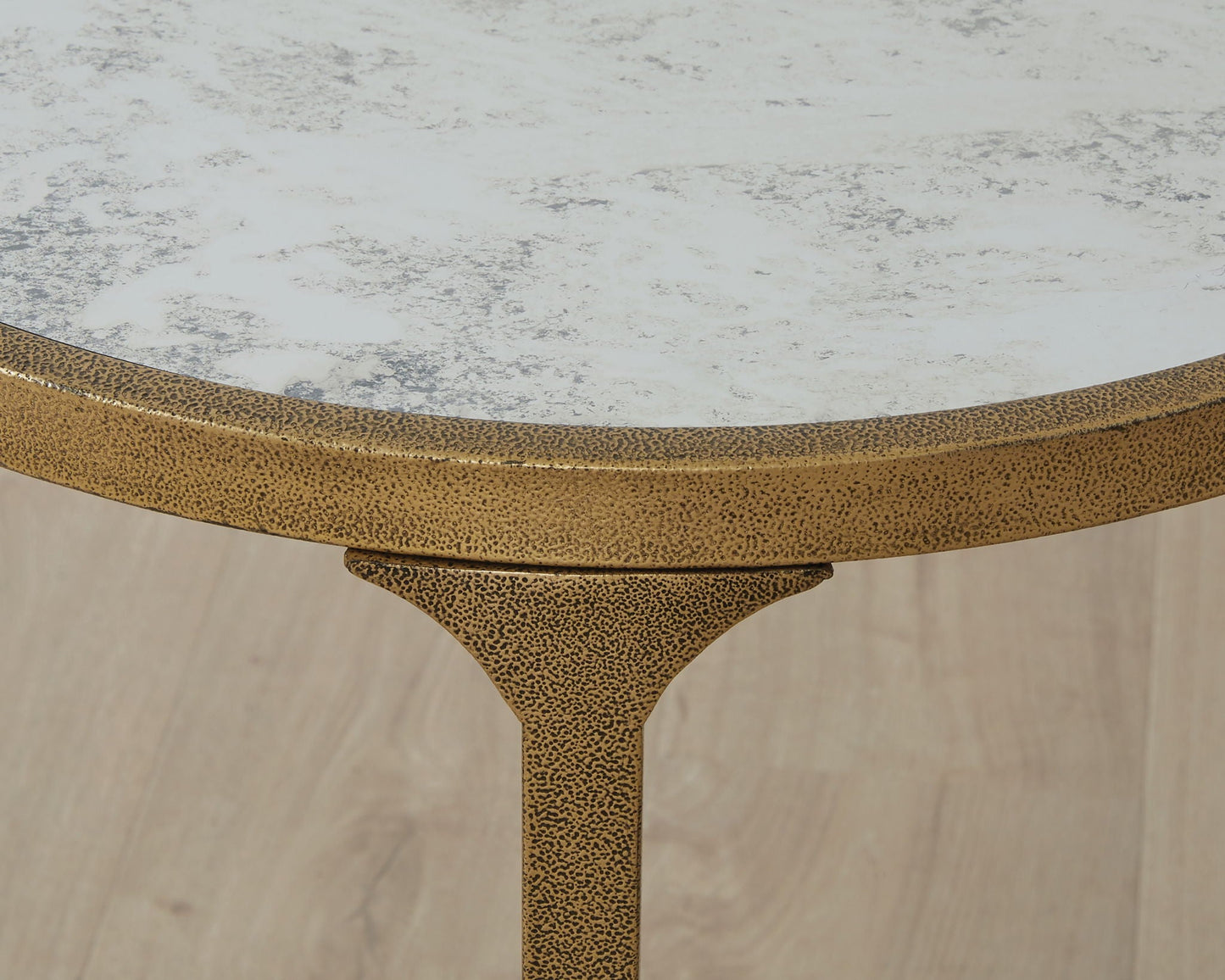 Korajane coffee table, round with white marble-top and hammered gold base on Tampa Home & Garden Store