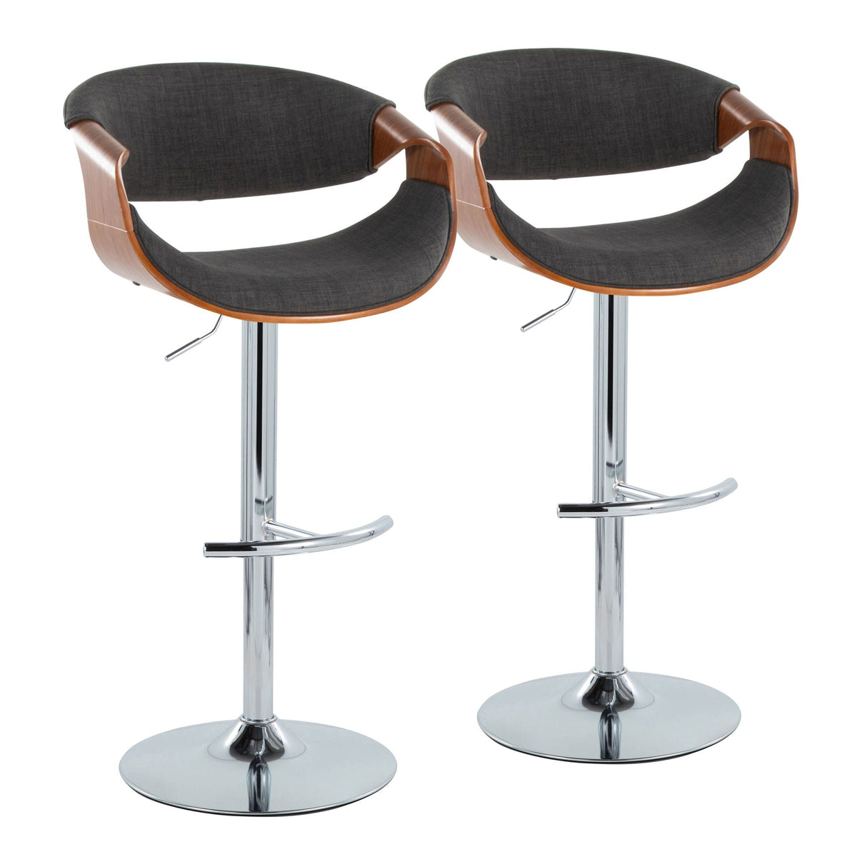 Mid Century Barstool Set with swivel, 2 dark gray fabric stools with wood arms and chrome bases on Tampa Home & Garden Store