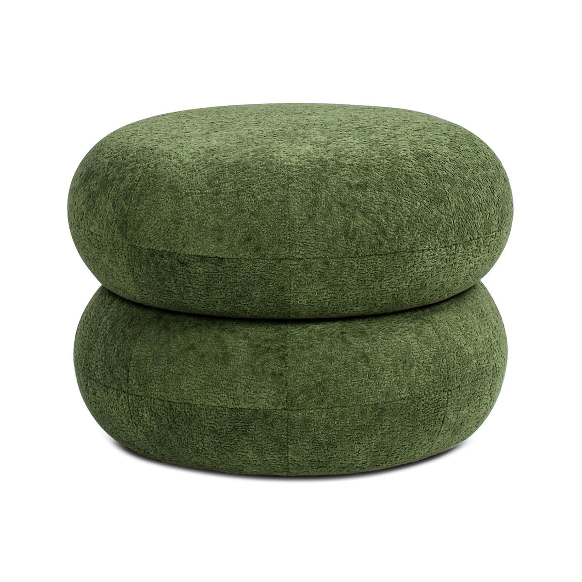Dark green low round upholstered ottoman with stacked pouf design, two-tier boucle fabric on Tampa Home & Garden Store