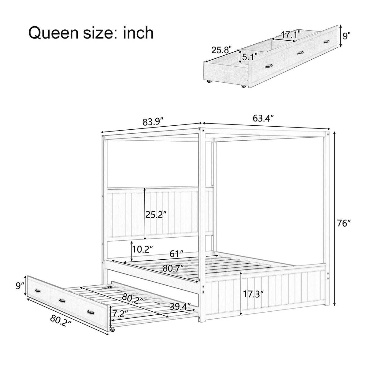 Canopy platform bed with trundle and 3 storage drawers by HouseOfZazla, queen size on Tampa Home & Garden Store
