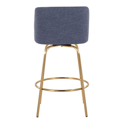 Toriano counter stool set of 2, blue fabric, gold legs, swivel, fixed-height by HouseOfZazla on Tampa Home & Garden Store