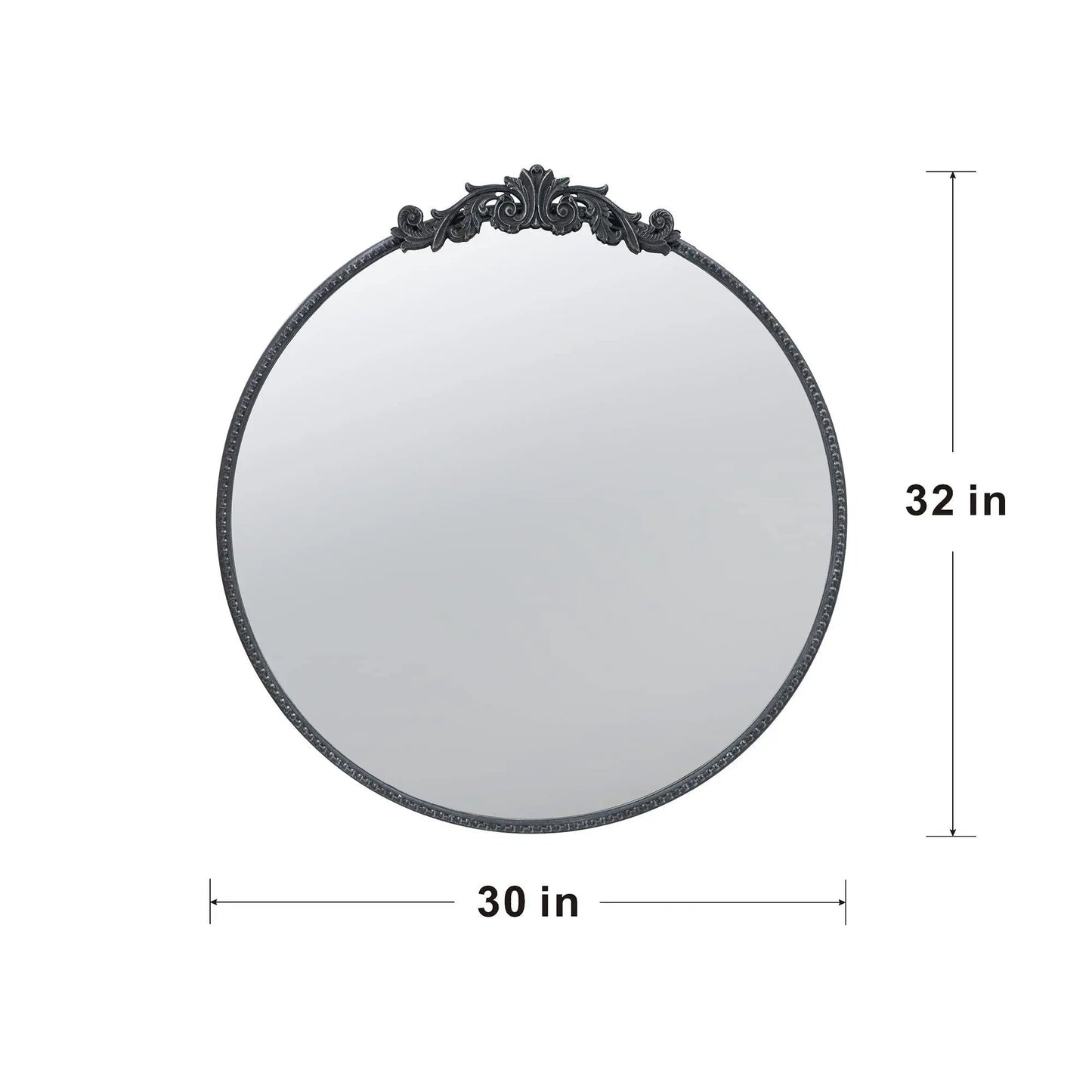 Round wall mirror with ornate Baroque-inspired black frame, 30in wide by 32in tall on Tampa Home & Garden Store