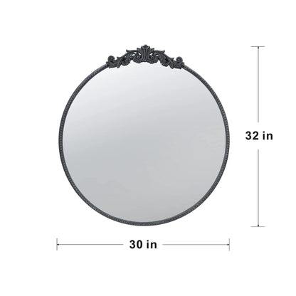 Round wall mirror with ornate Baroque-inspired black frame, 30in wide by 32in tall on Tampa Home & Garden Store
