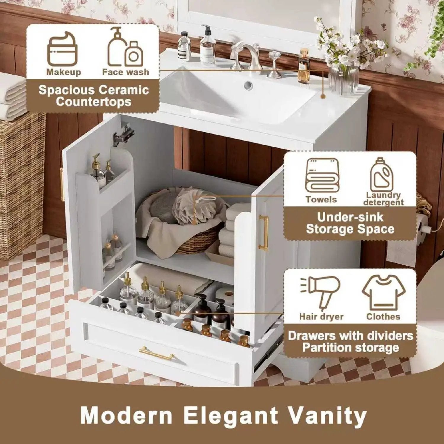 Bathroom vanity, white, 1 divided drawer and 2 soft-close doors, storage by Unique Piece on Tampa Home & Garden Store