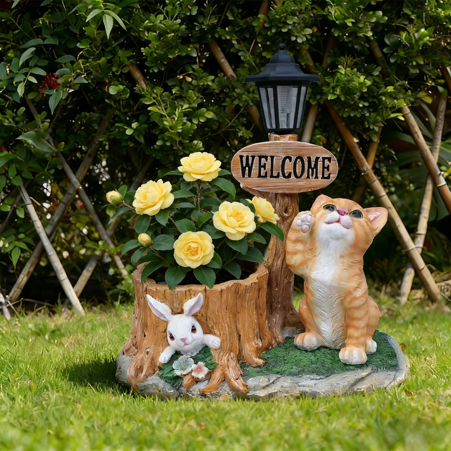 Cute Cat Planter Statue garden decor with wooden welcome sign, lantern, and yellow roses on Tampa Home & Garden Store