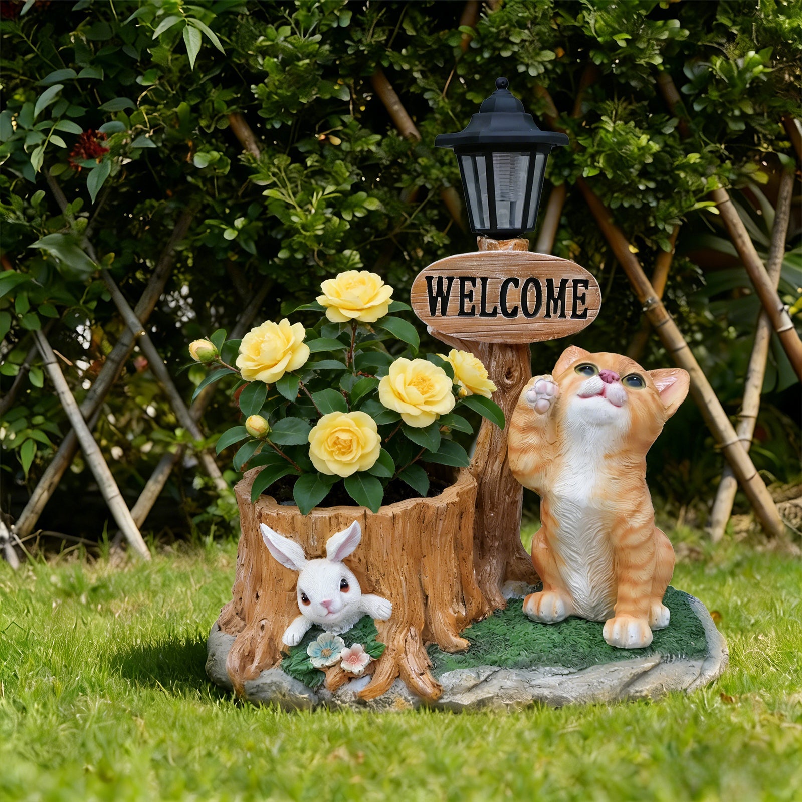 Cute Cat Planter Statue garden decor with wooden welcome sign, lantern, and yellow roses on Tampa Home & Garden Store