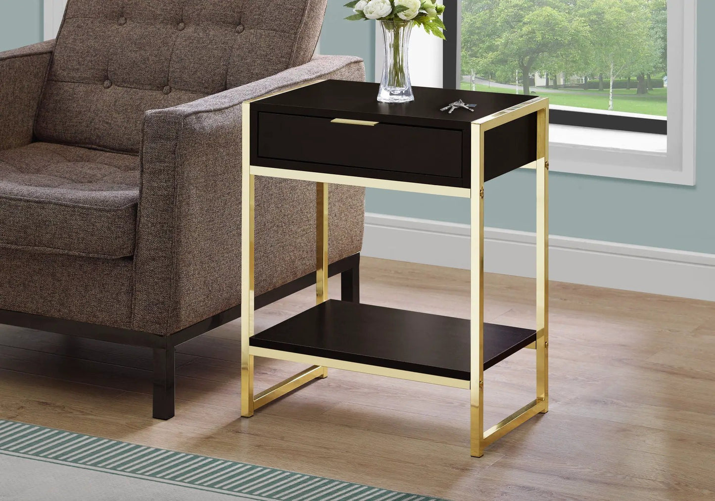 Accent Side Table with storage drawer, black top and gold frame on Tampa Home & Garden Store