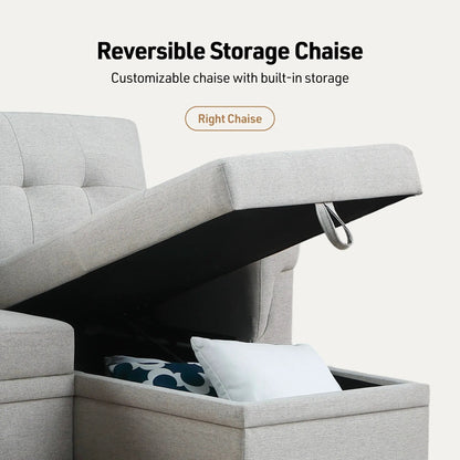 Lucca sleeper sectional with storage chaise, right chaise, gray fabric on Tampa Home & Garden Store