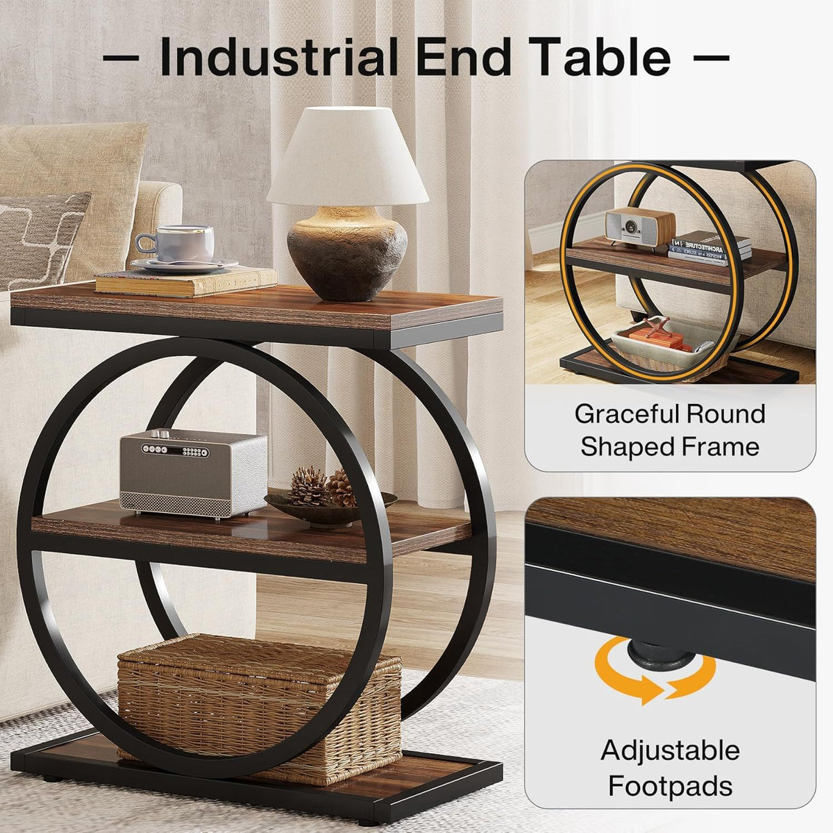 Slim End Tables with 3 Shelves, set of 2, brown wood tops on round black metal frames on Tampa Home & Garden Store