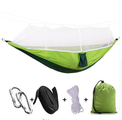 Double parachute hammock with mosquito net in army green, carabiners and straps included on Tampa Home & Garden Store