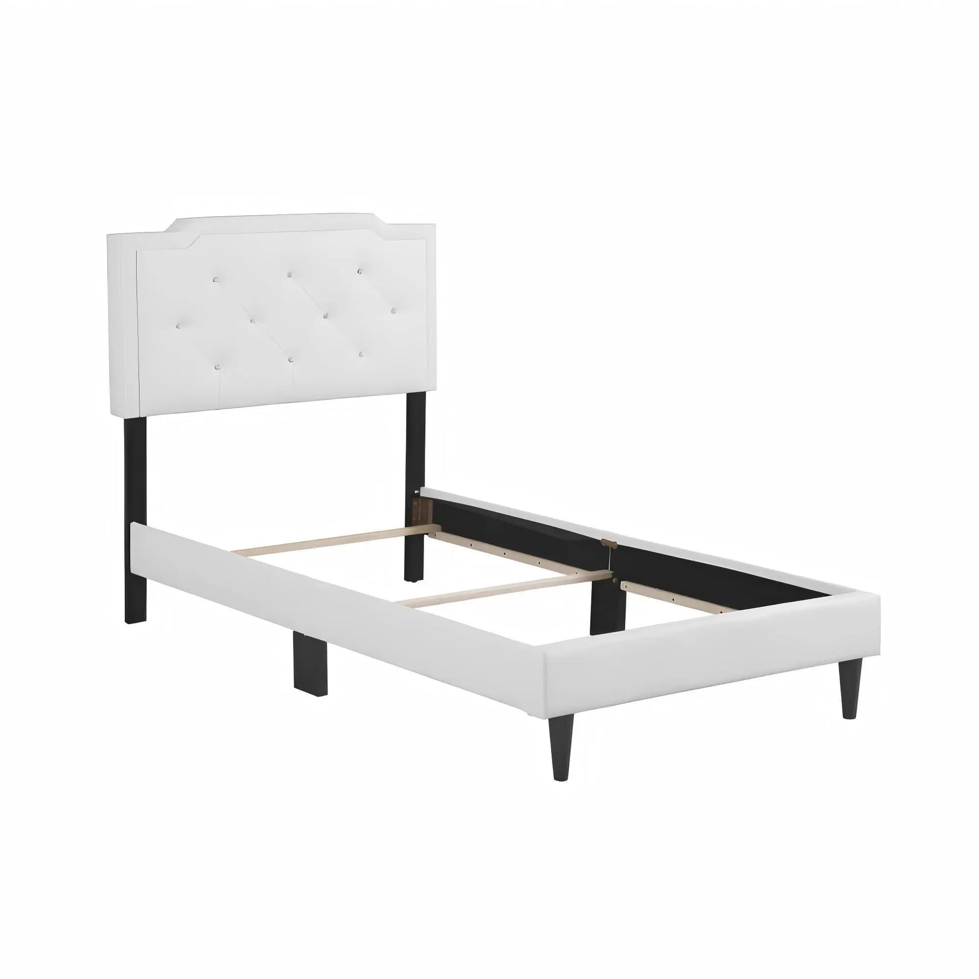 Button tufted upholstered bed headboard in white fabric, by Unique Piece Furniture on Tampa Home & Garden Store