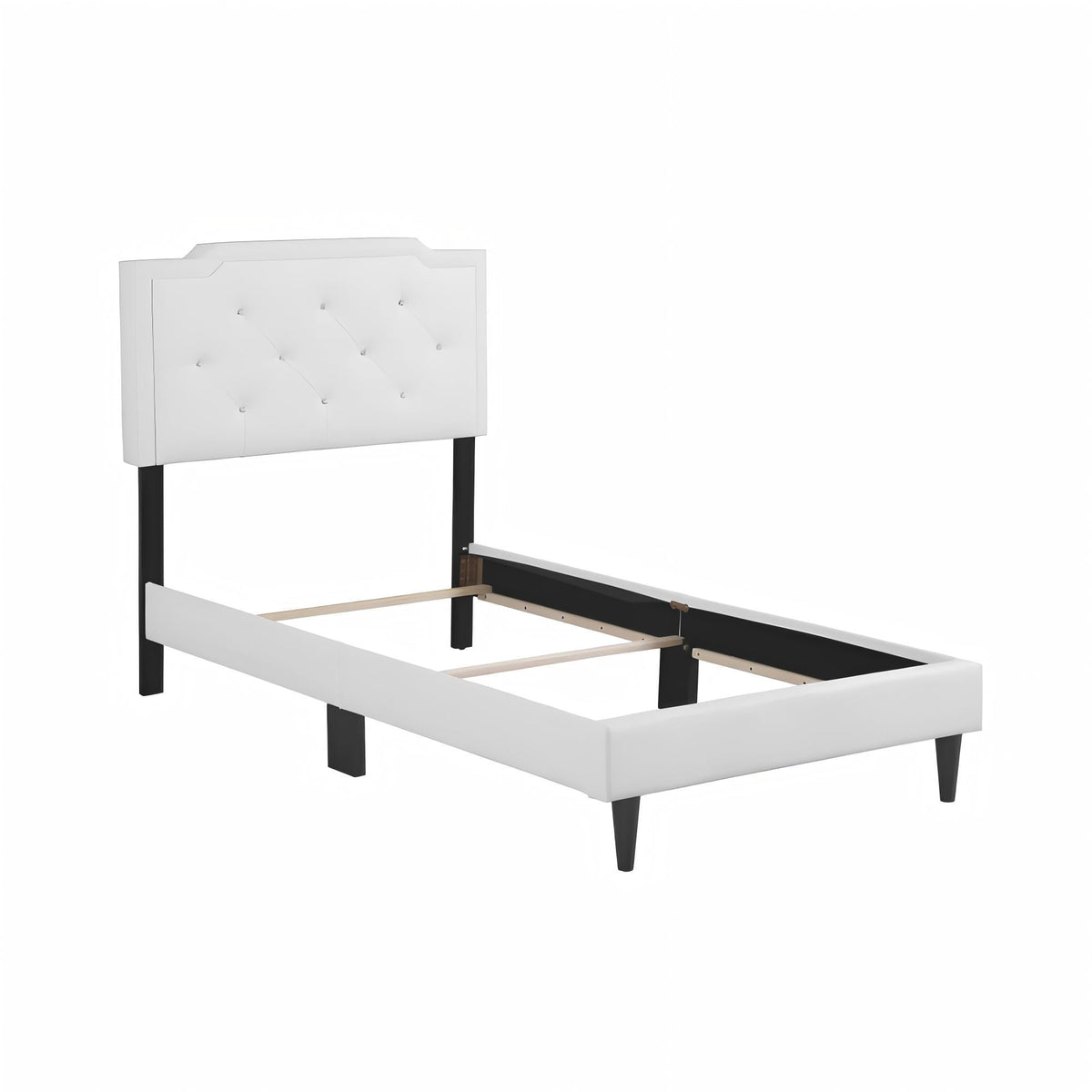 Button tufted upholstered bed headboard in white with black legs HouseOfZazla on Tampa Home & Garden Store