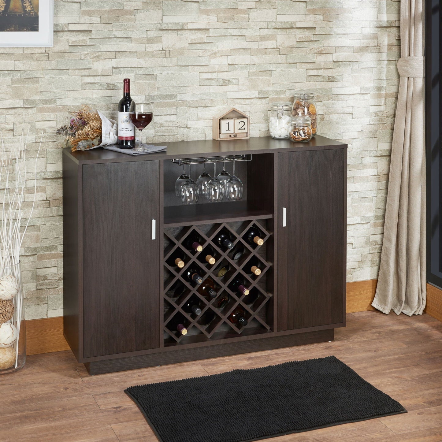 Hazen espresso wine cabinet with diamond wine rack, glass-holding shelf and side cupboards on Tampa Home & Garden Store