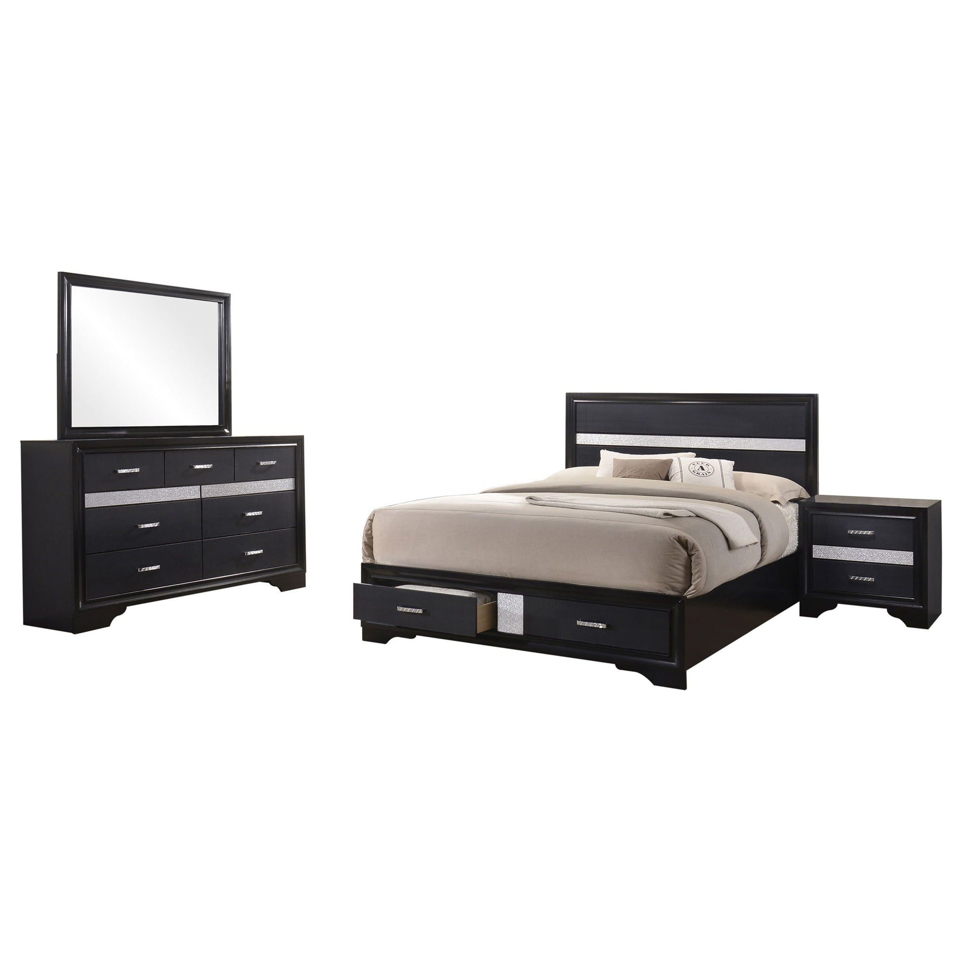 Annie 4pc Bedroom Set HouseOfZazla black bed dressers nightstand with mirrored drawers on Tampa Home & Garden Store