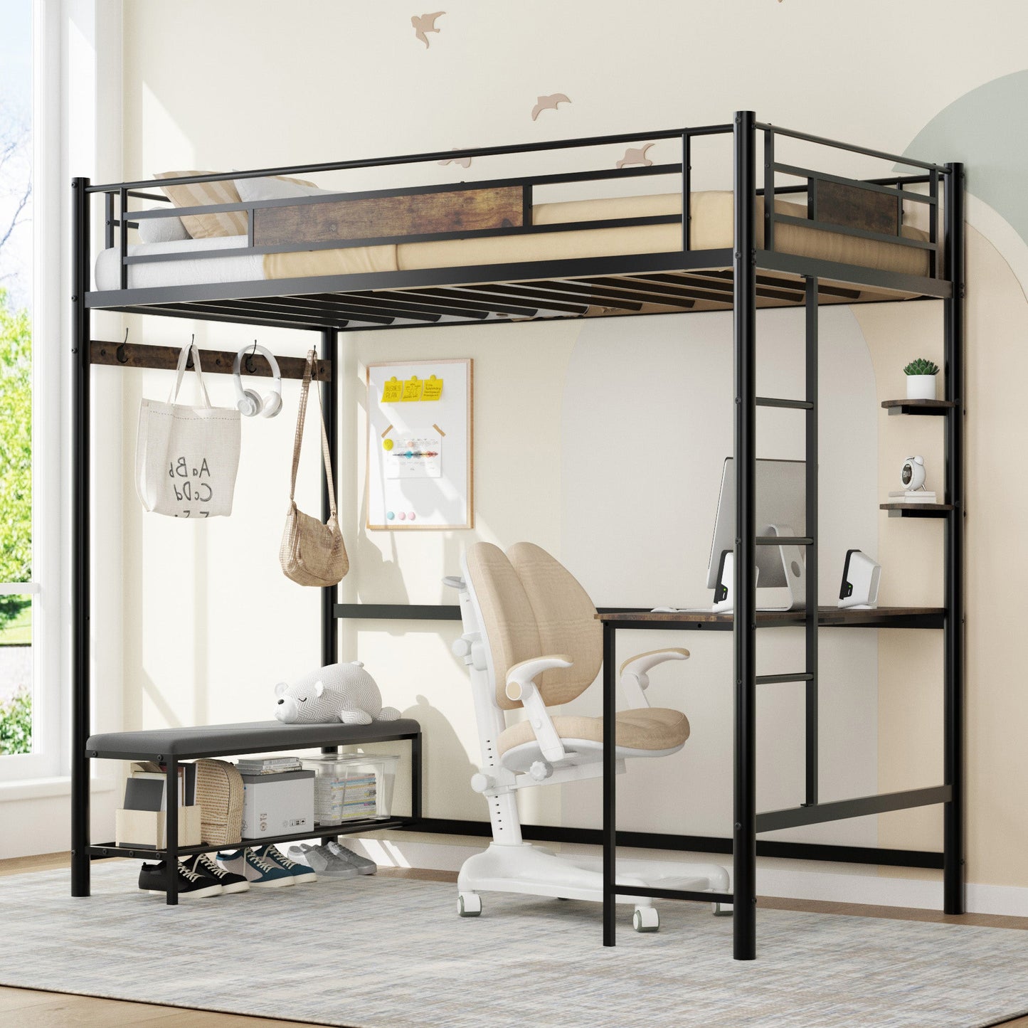 Twin Size Loft Bed Frame with Storage by HouseOfZazla, black metal frame with wood panels on Tampa Home & Garden Store