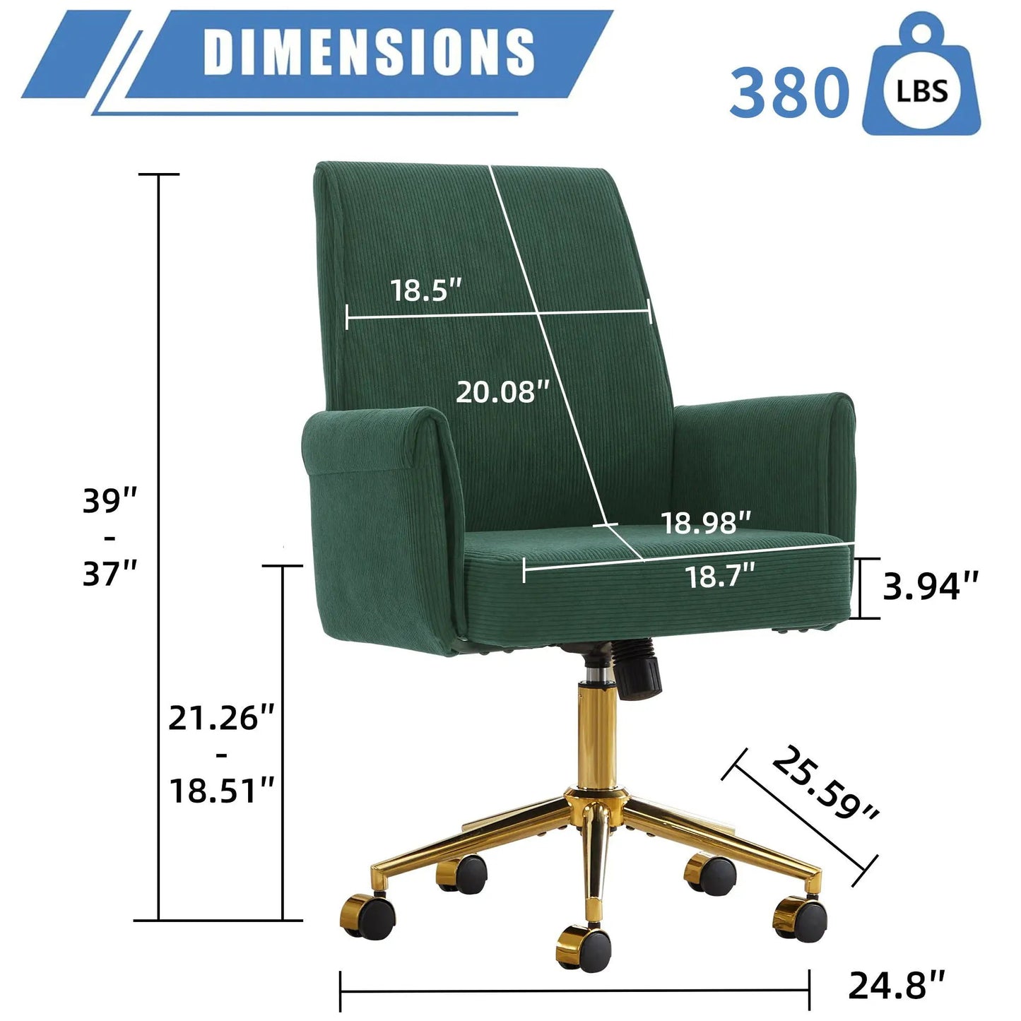 Ergonomic mid-back swivel chair in green corduroy with gold base Unique Piece Furniture on Tampa Home & Garden Store