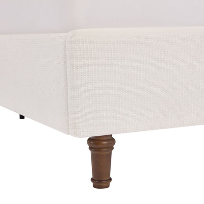 Harper upholstered bed beige fabric with dark wood turned leg on Tampa Home & Garden Store