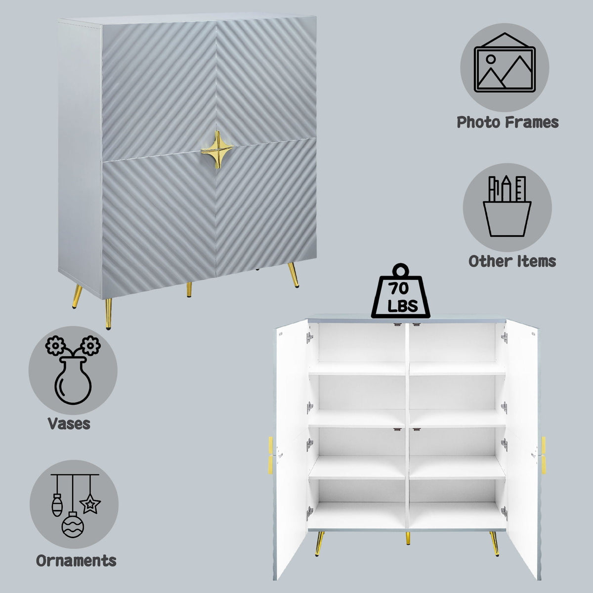 High gloss accent cabinet by HouseOfZazla; modern gray ribbed chevron doors, gold cross handle, slim gold legs on Tampa Home & Garden Store