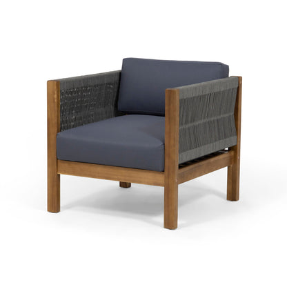 Outdoor Club Chair by HouseOfZazla with dark gray cushions, rattan rope weave, wooden frame on Tampa Home & Garden Store