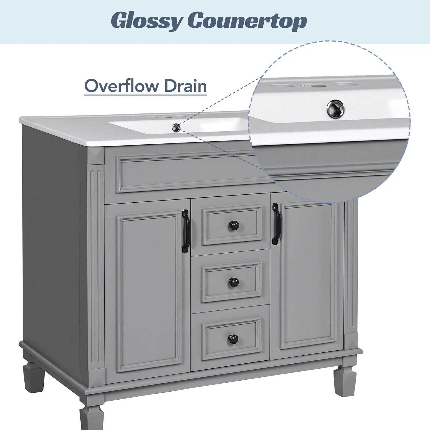 Bathroom vanity with top sink and basin, gray cabinet with two soft-close doors and two drawers on Tampa Home & Garden Store