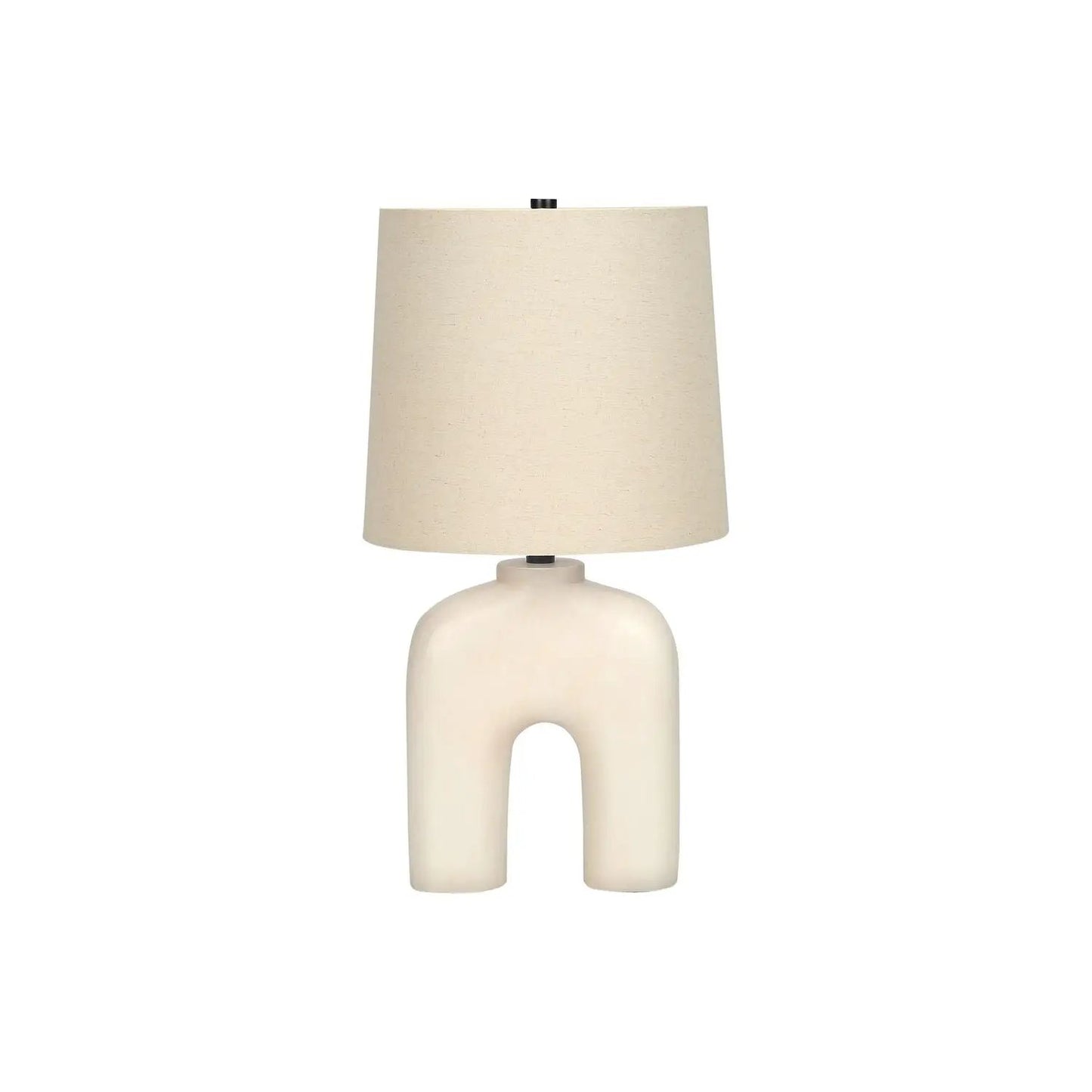 Table lamp with cream resin sculptural base and beige linen shade on Tampa Home & Garden Store