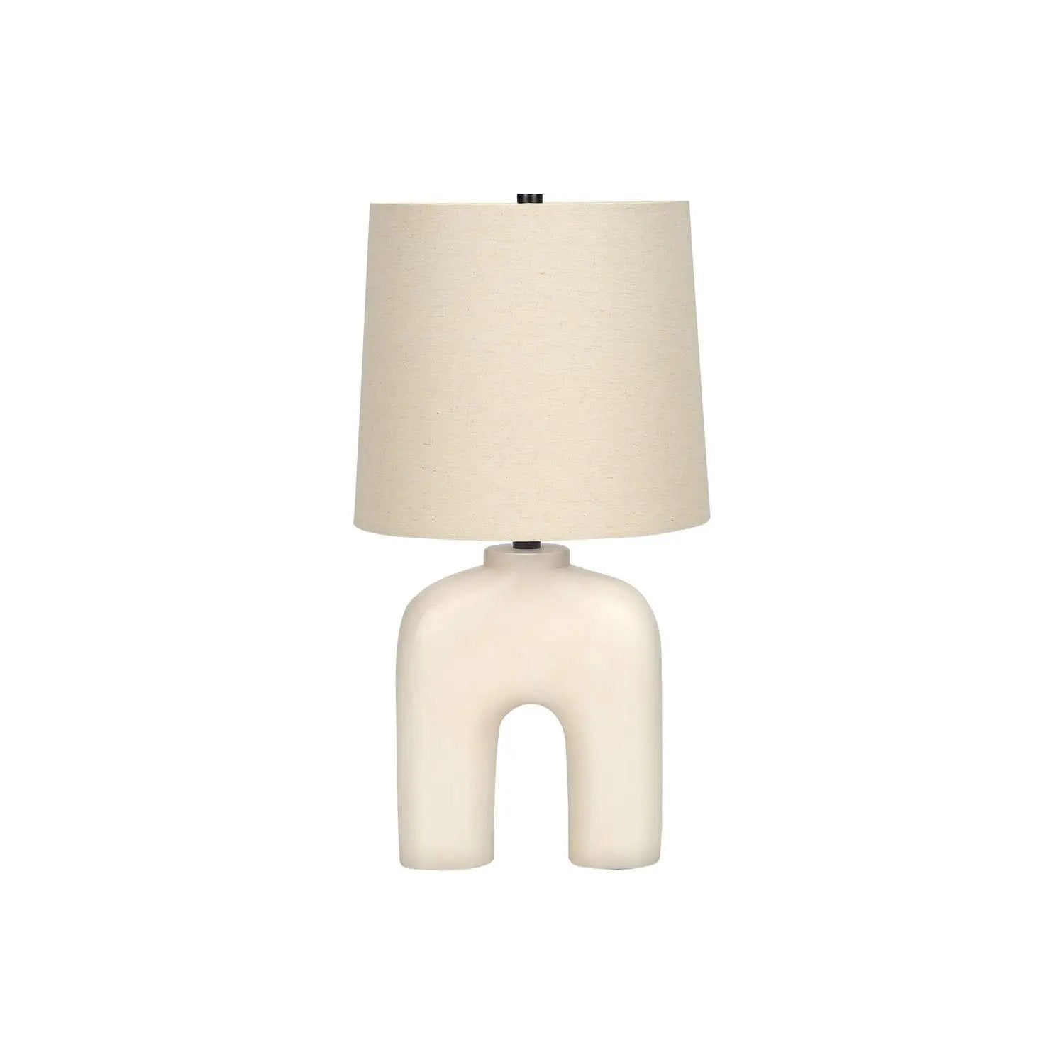 Table lamp with cream resin sculptural base and beige linen shade on Tampa Home & Garden Store