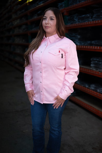 Women's FR Pearl Snap Ignite Pink shirt by Static FR with pink button-down chest pockets on Tampa Home & Garden Store