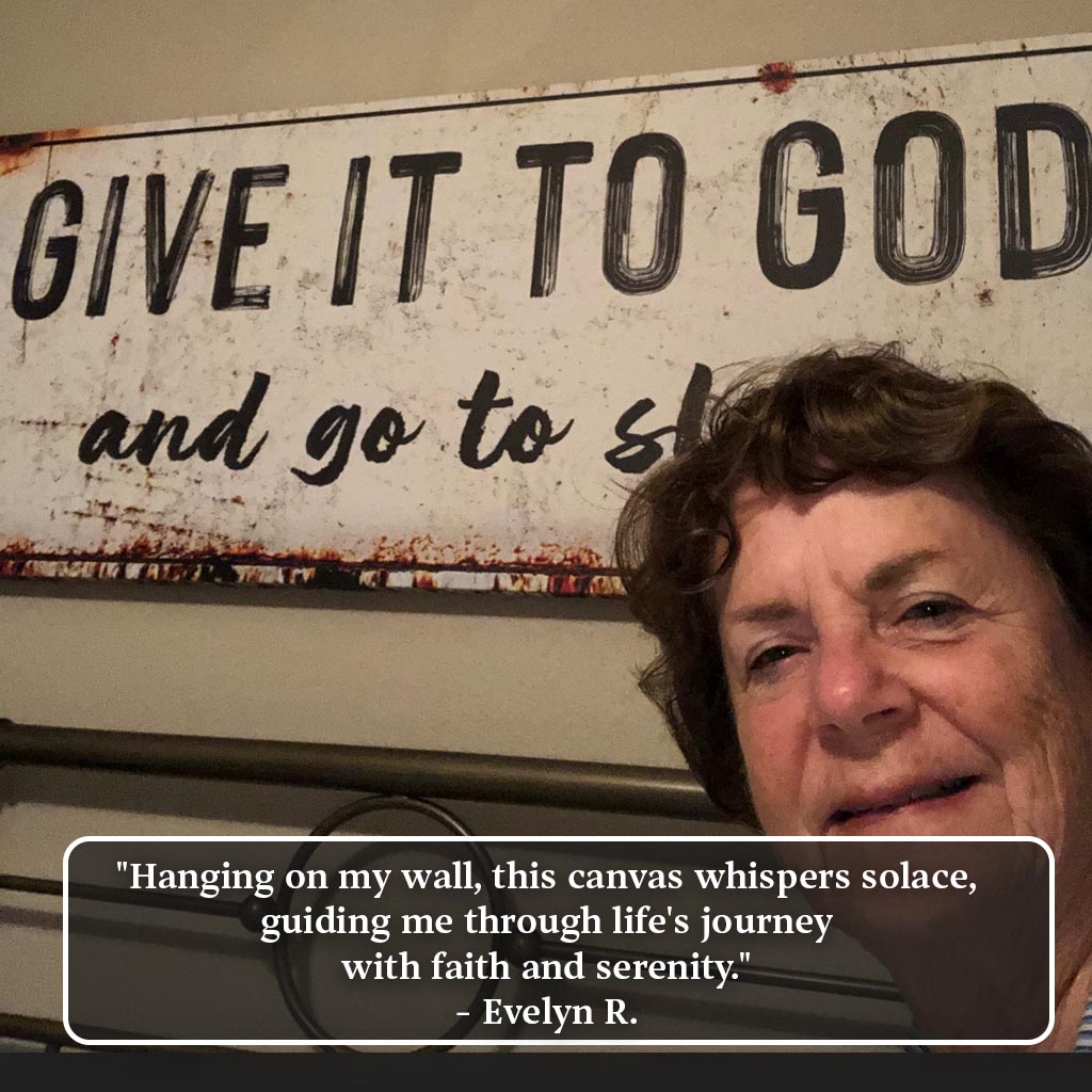Canvas wall art Give It to God and Go to Sleep, rustic sign with bold black lettering; person on Tampa Home & Garden Store