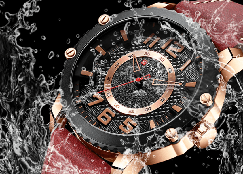 Men's waterproof sport watch with red leather strap, rose-gold bezel, bold large numerals Stevvex ST1CU4000MKZ on Tampa Home & Garden Store