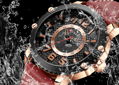 Men's waterproof sport watch with red leather strap, rose-gold bezel, bold large numerals Stevvex ST1CU4000MKZ on Tampa Home & Garden Store