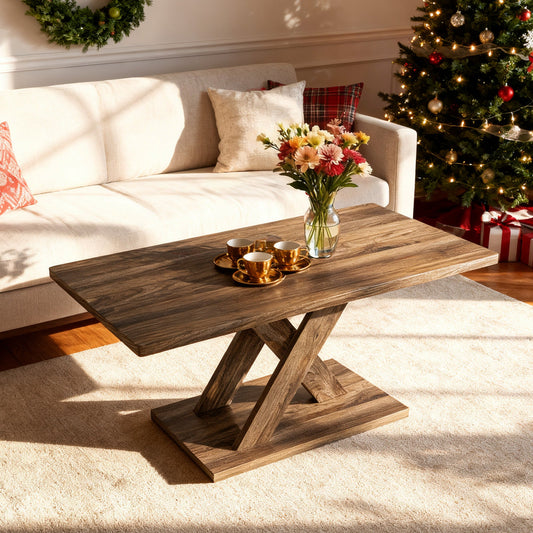 37.5 Inch Rectangular Coffee Table with Stable Base and Rubber Wood Connection for Living Room-Brown - Tampa Home & Garden Store