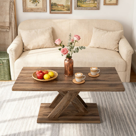 37.5 Inch Rectangular Coffee Table with Stable Base and Rubber Wood Connection for Living Room-Brown - Tampa Home & Garden Store
