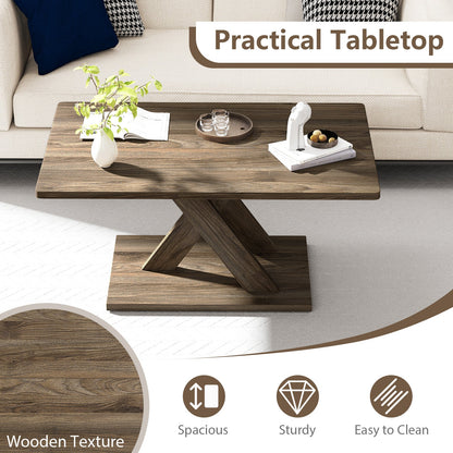 37.5 Inch Rectangular Coffee Table with Stable Base and Rubber Wood Connection for Living Room-Brown