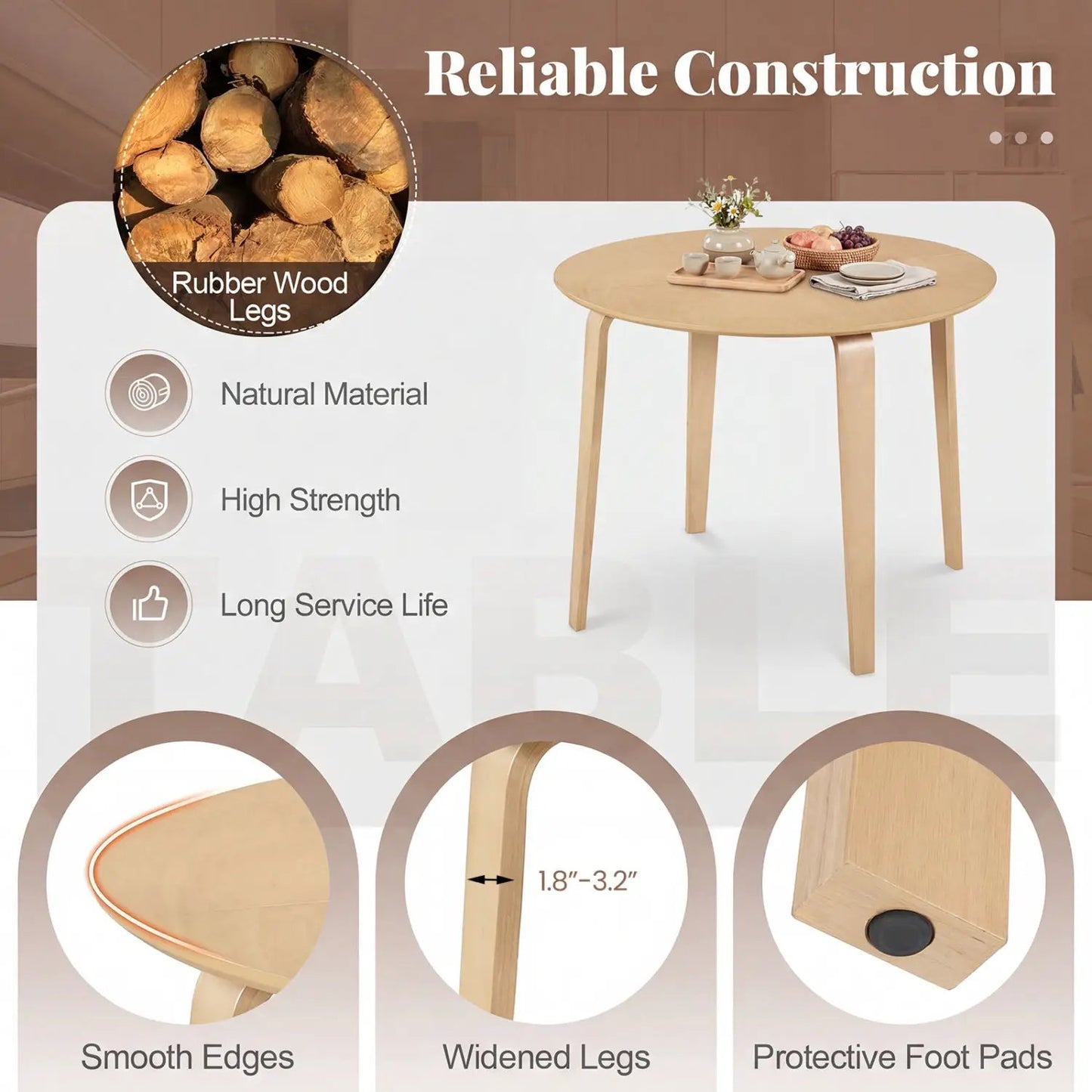 37.5 Round Dining Table With Rubber Wood Legs