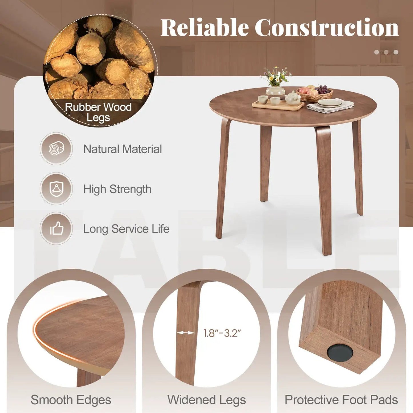 37.5 Round Dining Table With Rubber Wood Legs