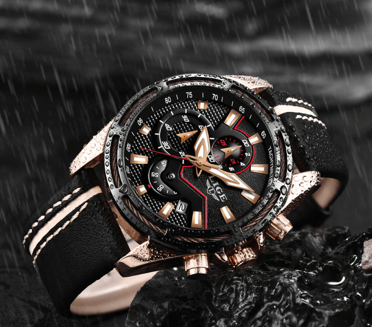 Stevvex waterproof men's sports watch with black leather strap rose gold case chronograph on Tampa Home & Garden Store