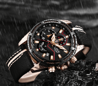 Stevvex waterproof men's sports watch with black leather strap rose gold case chronograph on Tampa Home & Garden Store