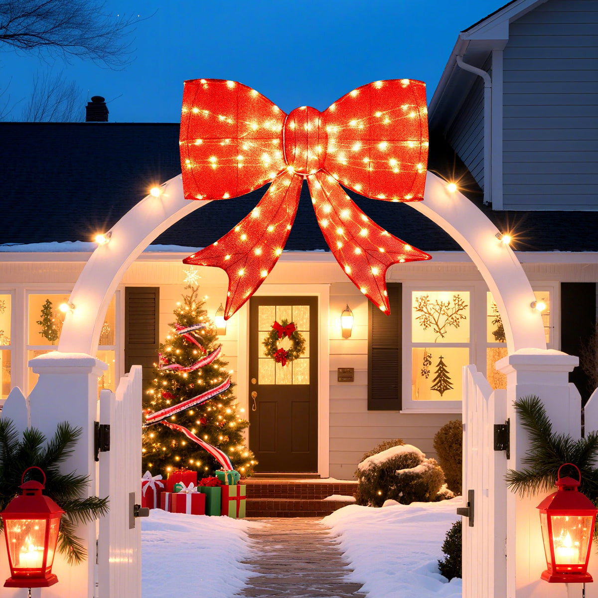 37-inch red LED Christmas bow by DirectDeals with warm white lights on a white arched entryway on Tampa Home & Garden Store