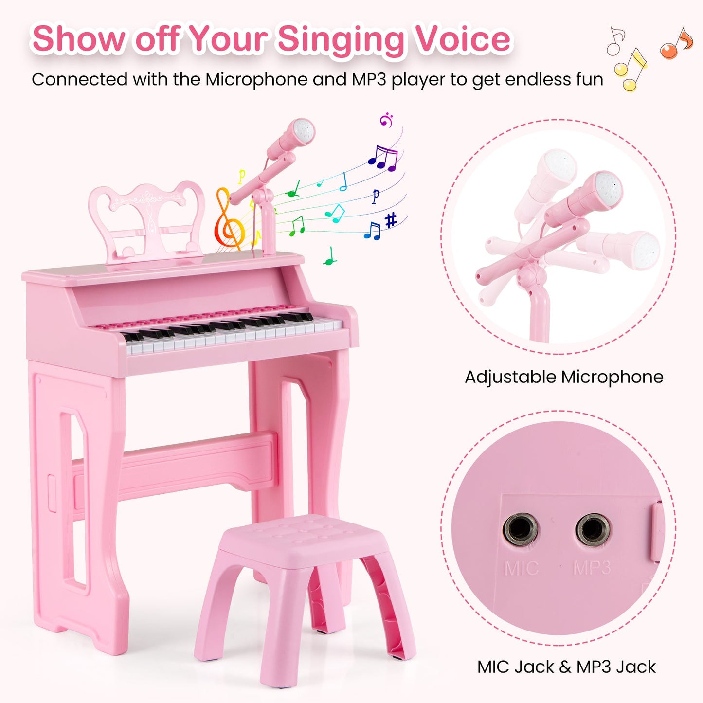 37 Keys Music Piano with Microphone Kids Piano Keyboard with Detachable Music Stand