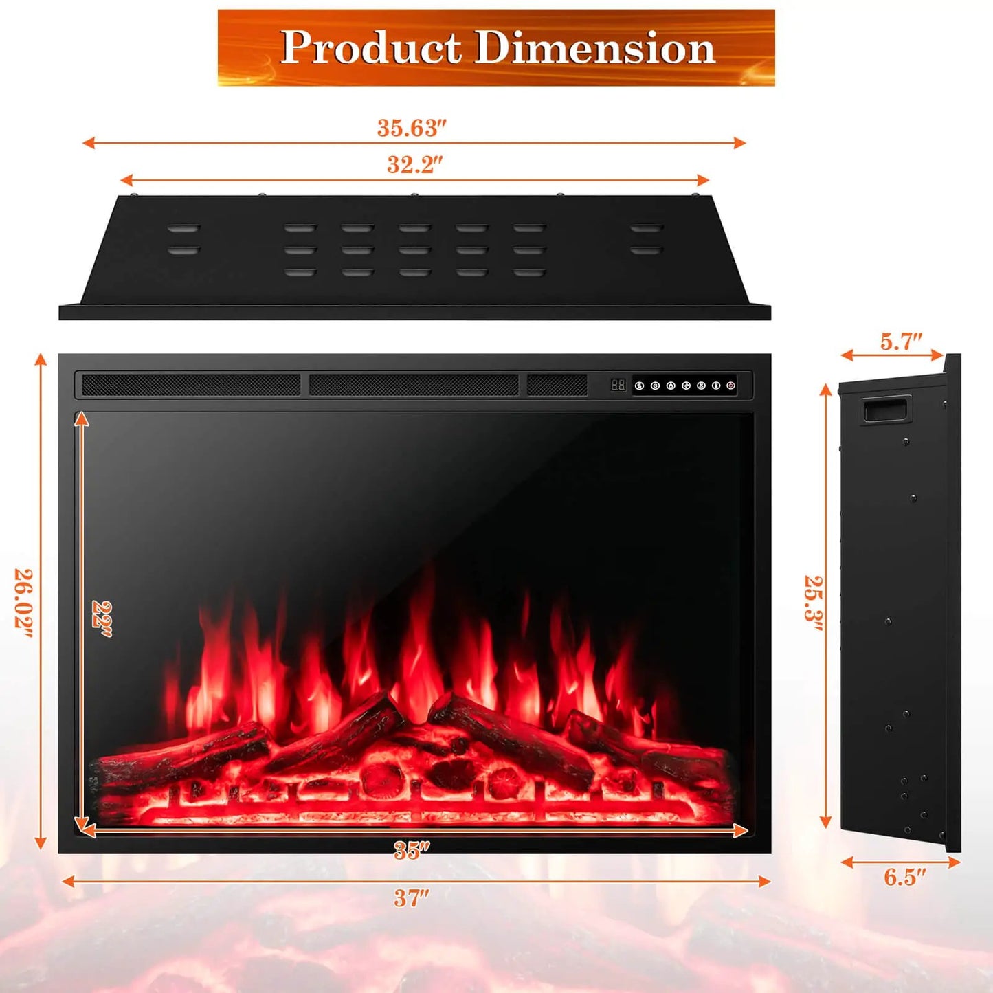 Electric Fireplace Recessed 34/37 Inch with Adjustable Flames