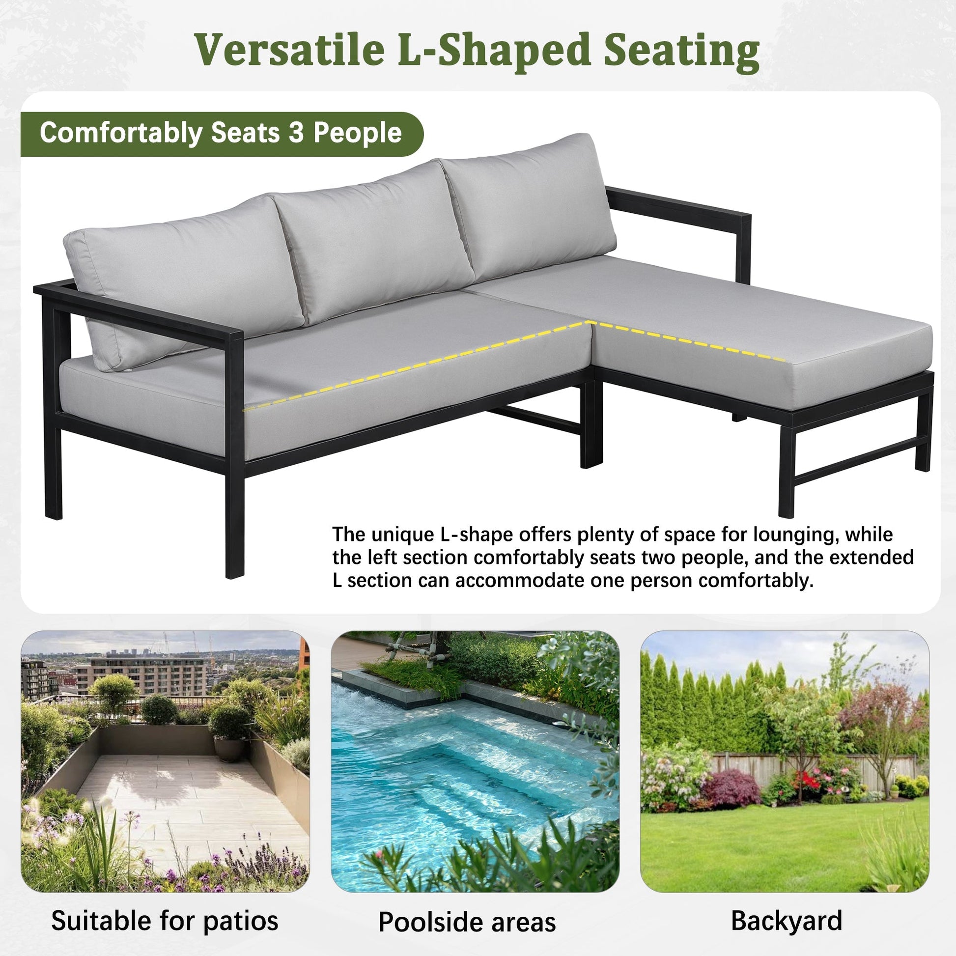 U_style Outdoor L-Shaped Sofa with black iron frame and gray ultra-thick cushions HouseOfZazla on Tampa Home & Garden Store