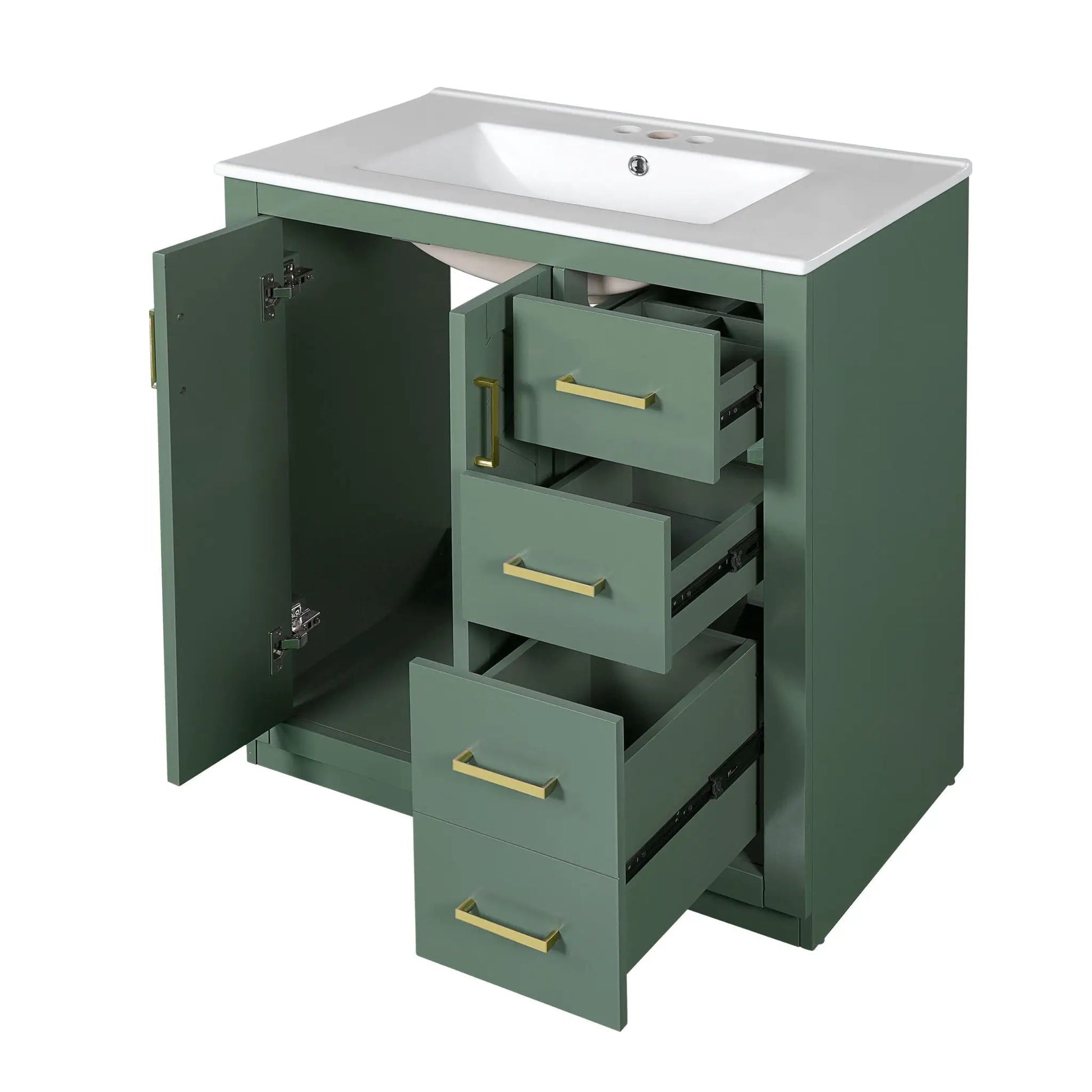 Bathroom vanity with sink, green cabinet, white countertop, 3 drawers with gold handles on Tampa Home & Garden Store