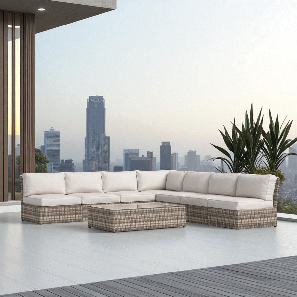 Rattan outdoor sectional set with beige cushions, 2-piece HouseOfZazla furniture on a patio on Tampa Home & Garden Store