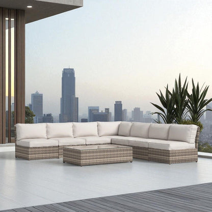 Rattan outdoor sectional set with beige cushions, 2-piece HouseOfZazla furniture on a patio on Tampa Home & Garden Store