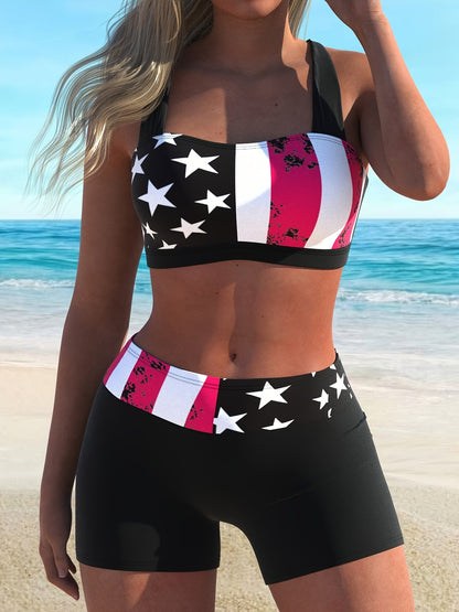 Bikini set, American flag print, 2-piece criss-cross halter top with ring knot back by Stevvex on Tampa Home & Garden Store