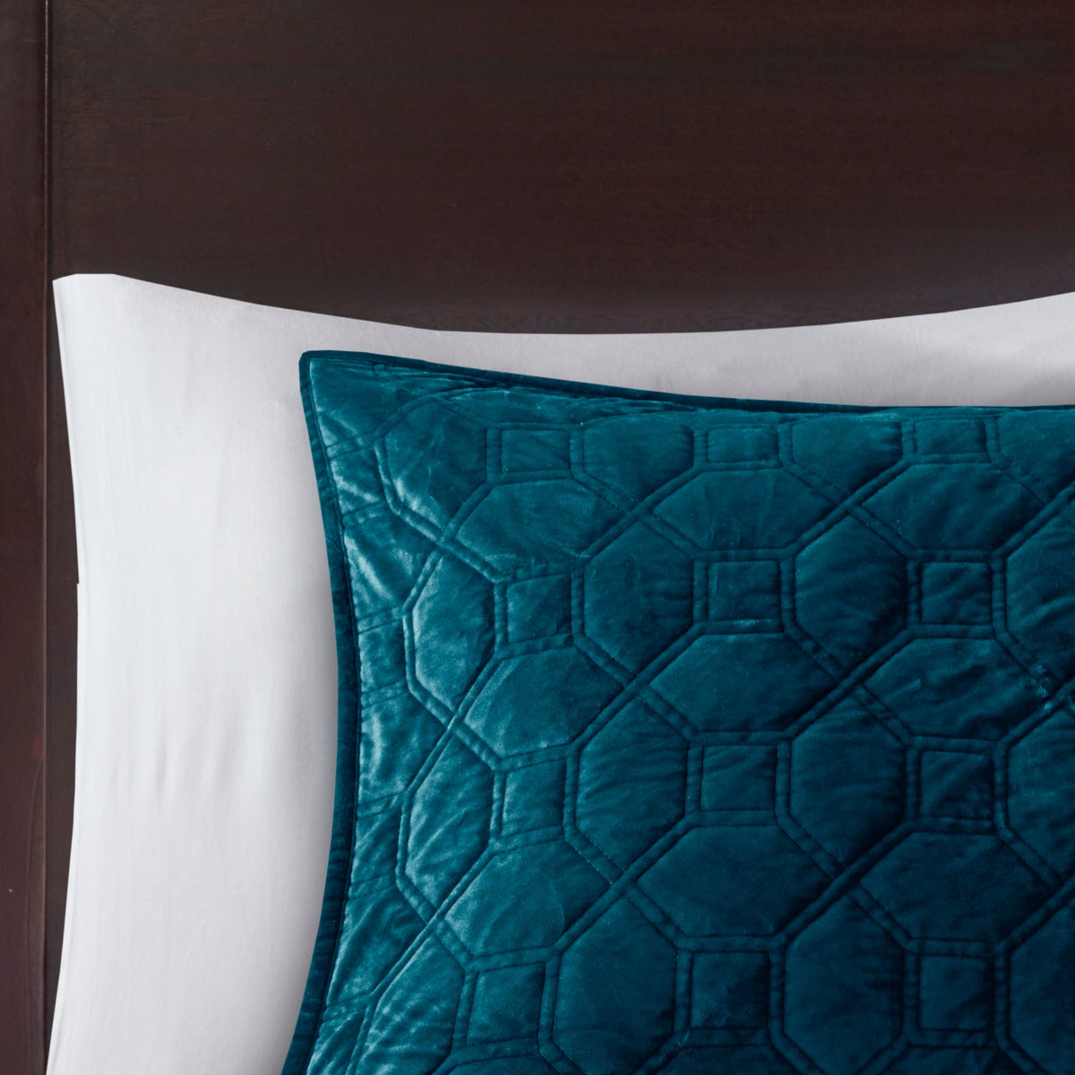 Teal velvet quilt set for King/Cal King with geometric quilting, 3-piece on Tampa Home & Garden Store